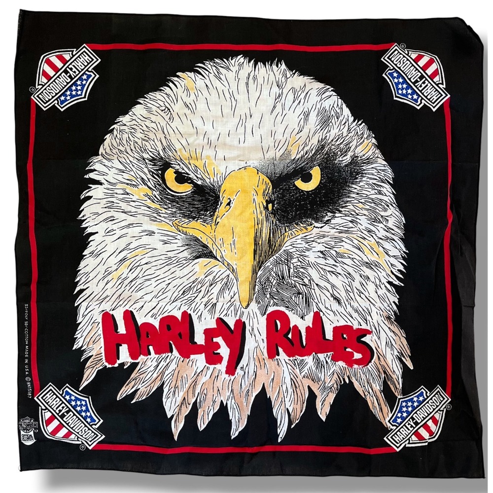 Vintage Harley Davidson Bandana Harley Rules Eagle Black Cotton Blend‎ USA Made